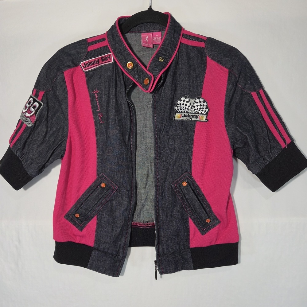 Y2K Cropped Motorcycle Track Jacket Johnny Girl Dark Denim & Pink Sz MED Patches
